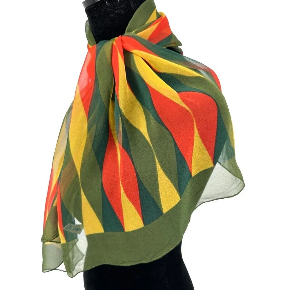 Sally Gee Rectangular Olive Green‎ Retro Geometric Rolled Hem Scarf Japan